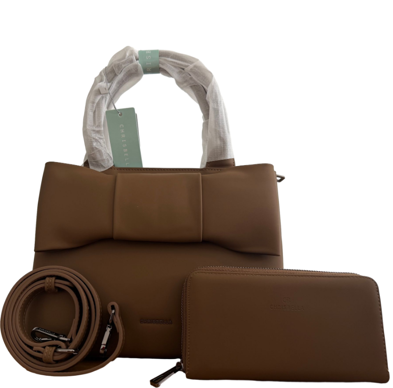 Chrisbella Brown Bow Handbag Set